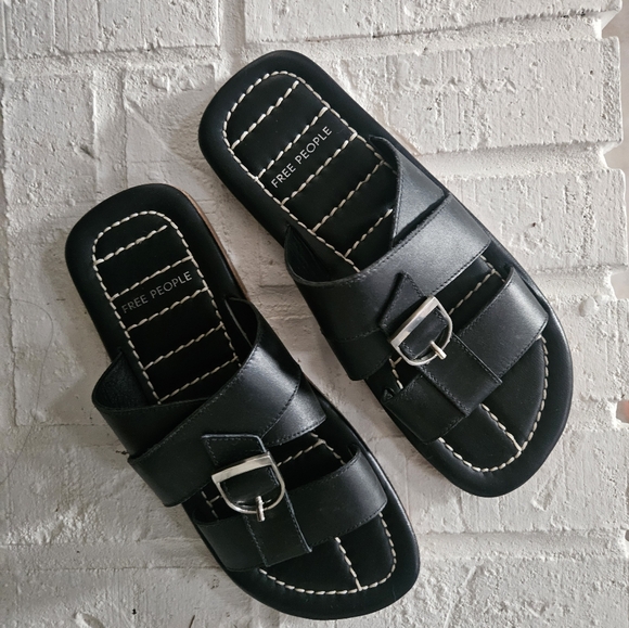 Free People Black Buckle Sandals Size 7.5 - Picture 1 of 4